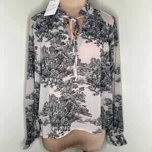 Elan Peasant Top Small Womens Toile Novelty Blouson Sleeve Sheer Ruffle New Chic